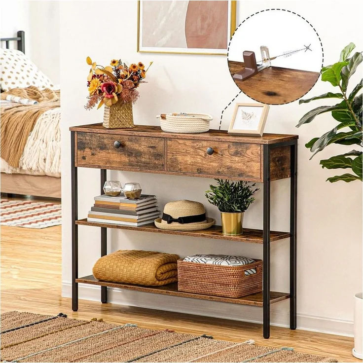 Hoobro Konsolentisch Flurtisch mit Schublade und 2-stufigen Ablagefächern (Sofatisch mit stabilem Metallgestell, 100 x 24 x 80 cm), für Eingang, Flur, Wohnzimmer – Bild 1