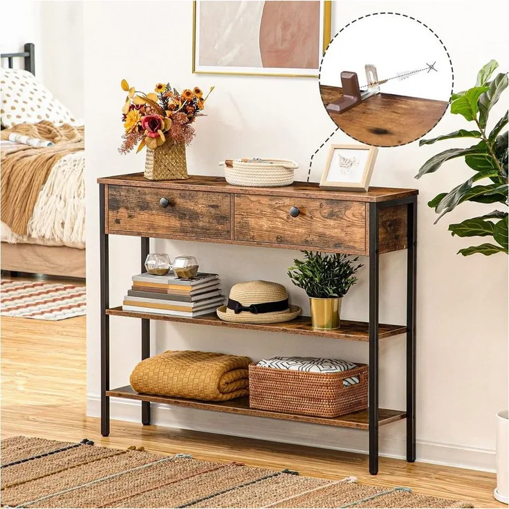 Hoobro Konsolentisch Flurtisch mit Schublade und 2-stufigen Ablagefächern (Sofatisch mit stabilem Metallgestell, 100 x 24 x 80 cm), für Eingang, Flur, Wohnzimmer