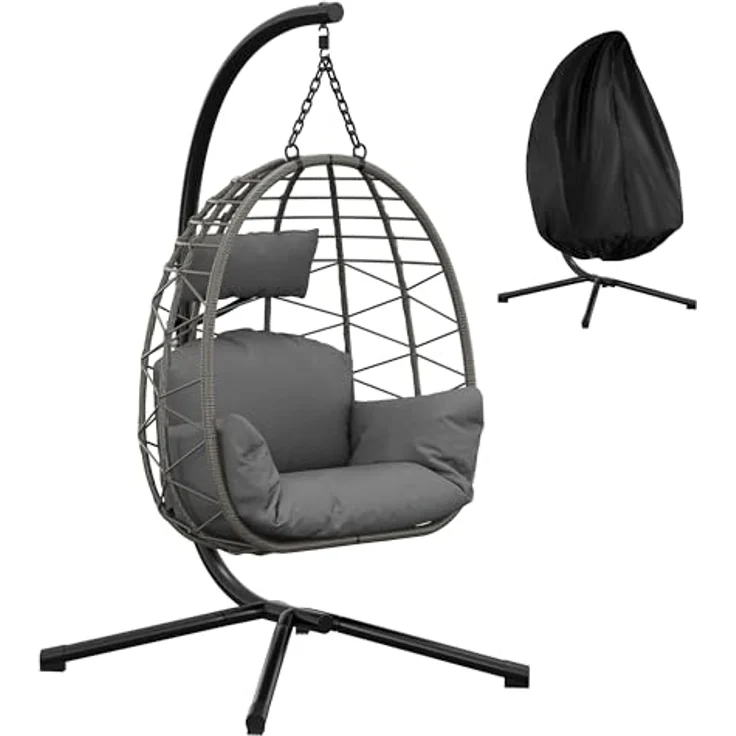 Hängesessel mit Gestell Outdoor bis 150 kg belastbar, Rattan Hängesessel mit Metallgestell, ideal als Hängesitz Indoor mit Gestell für Garten, Terrasse & Balkon Grau – Bild 2