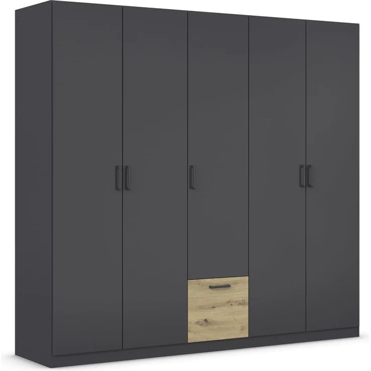 Rauch Möbel Bari, Drehtürenschrank, 5-türig, Kleiderschrank Grau-Metallic/Eiche Artisan, 1 Schublade, 226 x 210 x 54 cm
