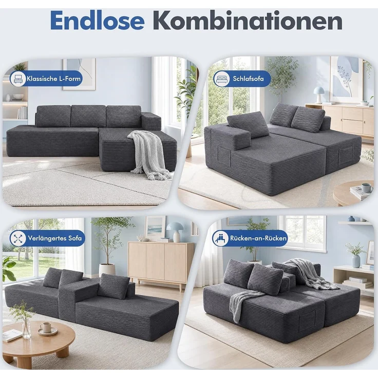 COMHOMA Ecksofa mit Schlaffunktion, 228cm Corduroy Modulares Boneless Couch mit Chaiselongue & Rücken-Metallgestell, L-Form Schlafsofa mit offenem Design, Kissen & Seitentaschen,für Wohnzimmer, GRAU-L – Bild 5