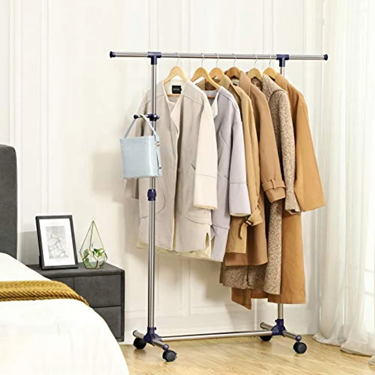 Songmics Kleiderständer, Garderobenständer auf Rollen, Rohre mit Edelstahlbeschichtung, mit ausziehbarer Kleiderstange, seitliche Haken für Accessoires, höhenverstellbar 97-165 cm, Blau – Bild 9