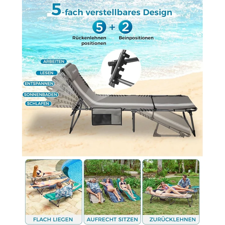 KingCamp Sonnenliege Klappbarer mit Lesefenster, Liegestuhl Klappbar 5-Position-Verstellbare Rückenlehne Gartenliegestuhl Leicht mit Kopfstütze Strandliege klappbare für Strand Garten Terrasse Camping – Bild 4
