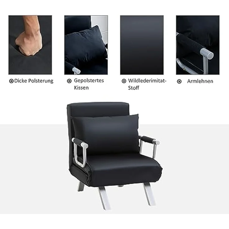 HOMCOM Sessel Schlafsessel mit Armlehne, 2-in-1 Gästebett (Klappbett, 1-St, Schlafsofa), für Wohnzimmer, Schwarz – Bild 6