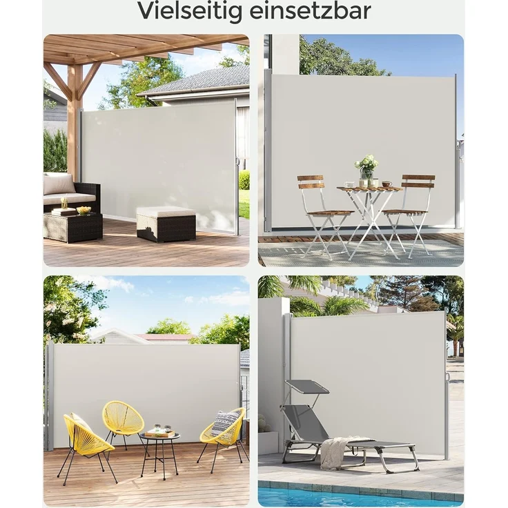 Songmics Seitenmarkise mit Stahl-Kasten, rostbeständig, ausziehbar, 200x350 cm, Sichtschutz, Sonnenschutz, Blickdicht, Seitenrollo, für Balkon, Terrasse, Garten, beige GSA205E02 – Bild 8