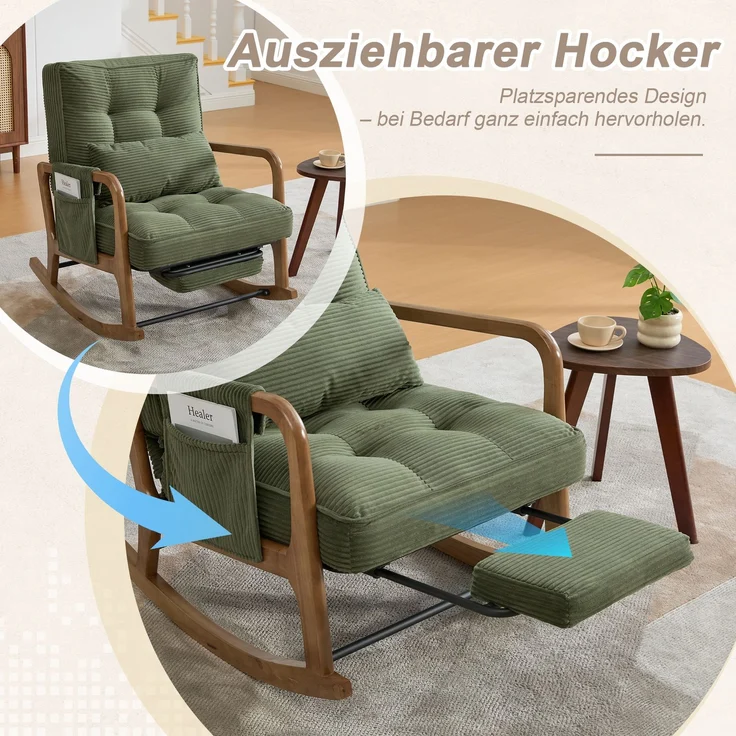 LVHOM Schaukelstuhl mit ausziehbarer Fußstütze, Relaxsessel mit verstellbare Rückenlehne, Loungesessel mit Seitentasche, bis 150 kg belastbar, Grün – Bild 3