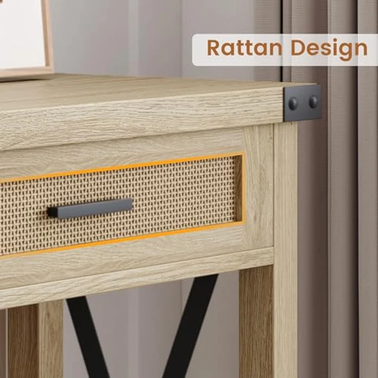 GarveeHome Flurtisch, Konsolentisch Mit Rattan-Schubladen, Sofatisch Mit 2 Ablageflächen, Einzigartiges x-Förmiges Design, Ideal Für Flur, Wohnzimmer, Diele, 110 x 30 x 78 cm,Holzfarbe – Bild 4