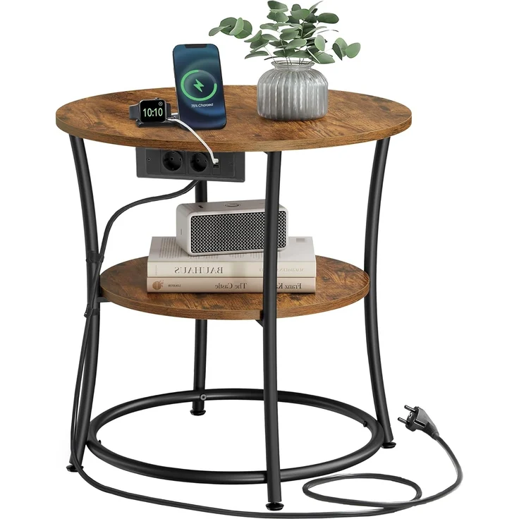 VASAGLE Beistelltisch rund, 2-stufiger Couchtisch mit Steckdosenleiste, Konsolentisch, Stahlrahmen, für kleine Räume, Wohnzimmer, Schlafzimmer, vintagebraun-tintenschwarz LET077KD01 – Bild 1