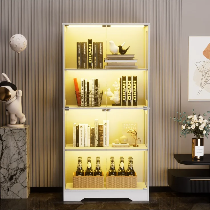 Glasvitrine 80 x 35 x 165 cm in Weiß mit LED-Beleuchtung und Bewegungssensor – Bild 1
