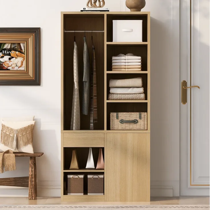 Kleiderschrank 70 x 50 x 170 cm in Weiß und Holzfarbe mit Kleiderstange, offenen Fächern und Schubladen