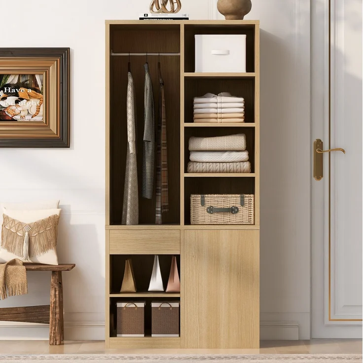 Kleiderschrank 70 x 50 x 170 cm in Weiß und Holzfarbe mit Kleiderstange, offenen Fächern und Schubladen – Bild 1
