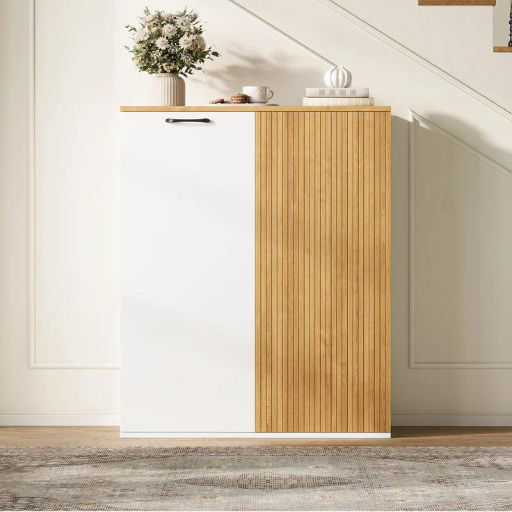 Büromöbel-Set aus MDF mit Schreibtisch und Aktenschrank, Klappfach, Tischfläche 140x50 cm, Weiß/Eiche – Bild 4