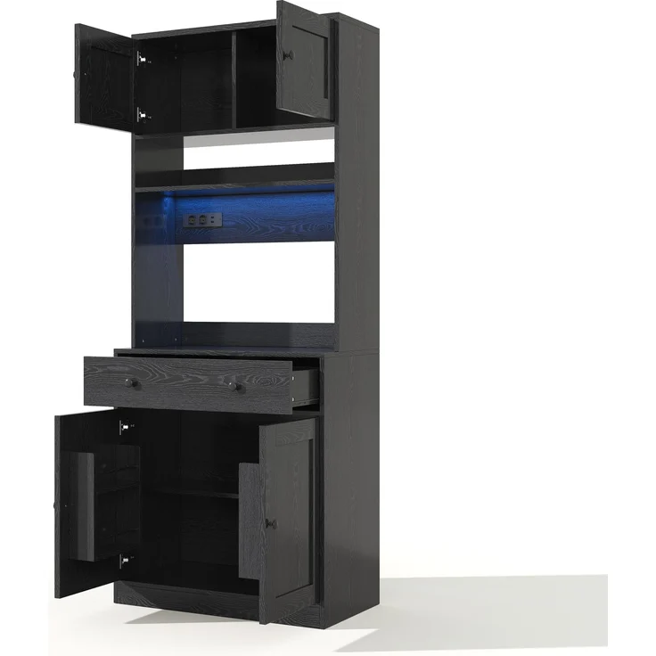 U-life Küchenschrank, fürs Wohnzimmer, Hochschrank mit LED, Küchenregal mit Steckdose, Gewürzregal, Durchdachtes Stauraumkonzept, MDF, Schwarz – Bild 9
