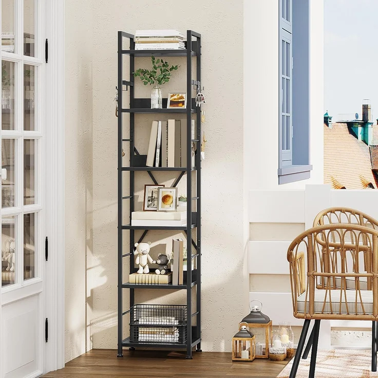 YITAHOME Bücherregal mit 6 Ebenen, Industrielles Standregal, Metallrahmen und Holzregale, Hohes Lagerregal mit 4 Haken, Präsentationsorganizer, für Wohnzimmer, Heimbüro, Schwarz Regal – Bild 5