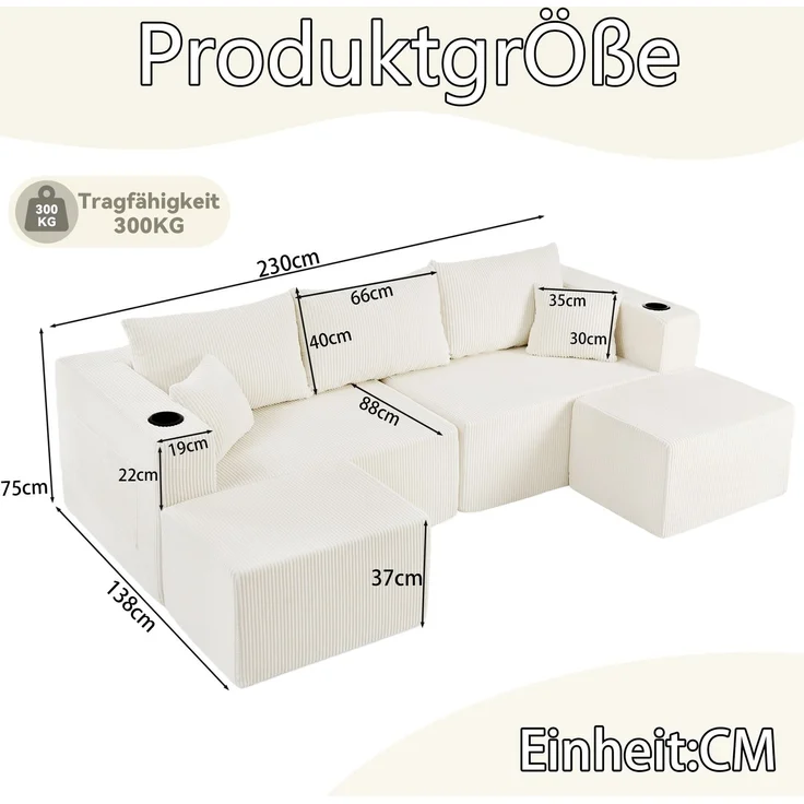 EINHOM 3-Sitzer modulares Ecksofa, komprimiertes L-Form Sofa mit beweglichen Ottomanen, weicher Cordstoff, Getränkehalter, Seitentasche und Kissen, geeignet für Wohnzimmer, Hotels und Mietwohnungen, Beige – Bild 2