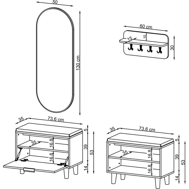 Roomart NORD Garderobenset 4-teilig – Sitzbank offen & mit Schuhklappe, Wandgarderobe & ovaler Spiegel – Flurgarderobe – H 53 x B 73.6 x T 35 cm (Sitzbank) • Weiß – Bild 6