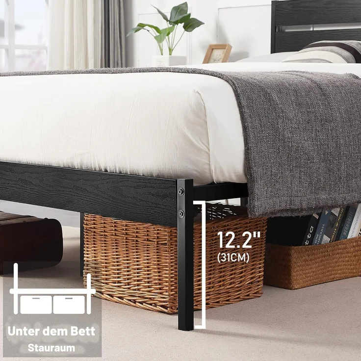 VECELO Bettgestell 140x200 cm, Metallbett mit Dick Holzkopfteil und Lattenrost, Doppelbett mit Stauraum unter dem Bett, perfekt für Schlafzimmer, Schwarz – Bild 4