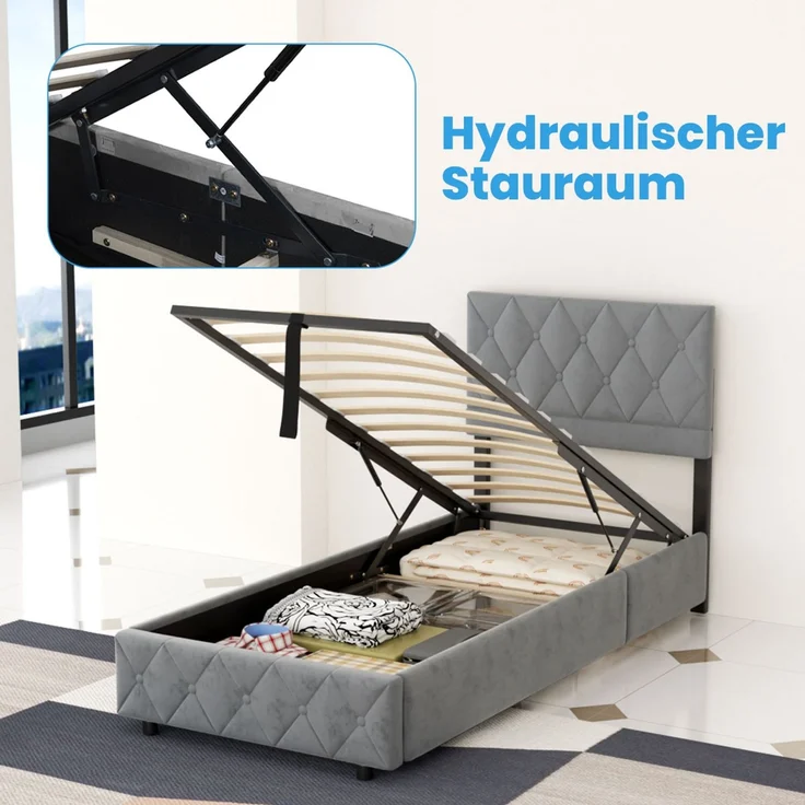 Polsterbett 90x200 cm mit Aufbewahrungsbox, Grau, Kunstleder, Lattenrost (ohne Matratze) – Bild 6
