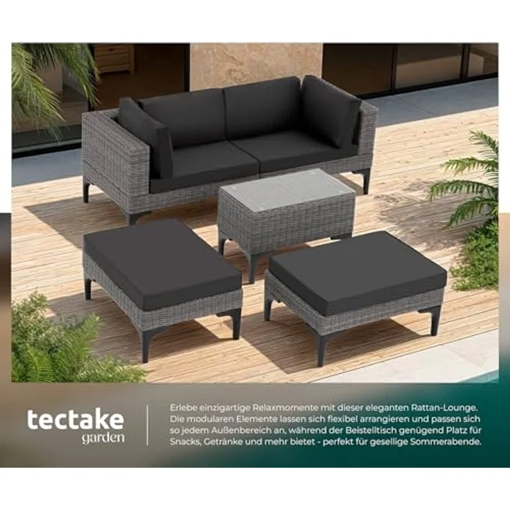 tectake Loungeset Rattan Lounge, (Set, 5-tlg), Stabiles Gestell aus leichtem und rostfreiem Aluminium – Bild 4