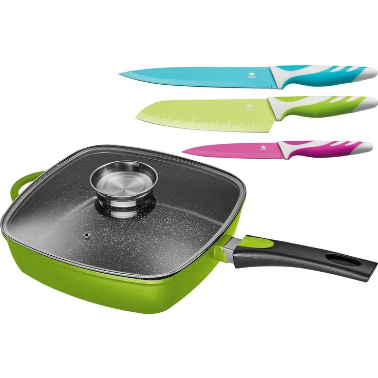 KING Bratpfanne, Aluminiumguss (Set, 5-tlg, 1 Eckpfanne, 1 Glasdeckel, 3 Messer), 28x28 cm, abnehmbarer Griff, Induktion, Aromaknopf