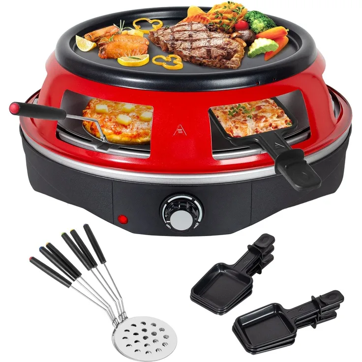 Todeco 3-in-1 Elektrischer Pizzaofen, 1200 Watt, Pizzabackofen für 6 Personen mit 6 Pizzaschaufeln, 6 Käsepfanne, Grillplatte, für Mini-Pizza in Ø 10cm, Grillen und Pfannkuchen, Rot