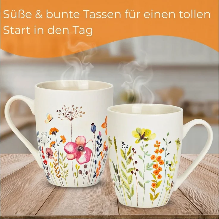 matches21 HOME & HOBBY Tasse Kaffeetassen Blumen Dekor, 4er Set Kaffeetasse Weiß, 4-tlg, Porzellan, Frühstückstasse 275 ml mit Floralem Design – Bild 4