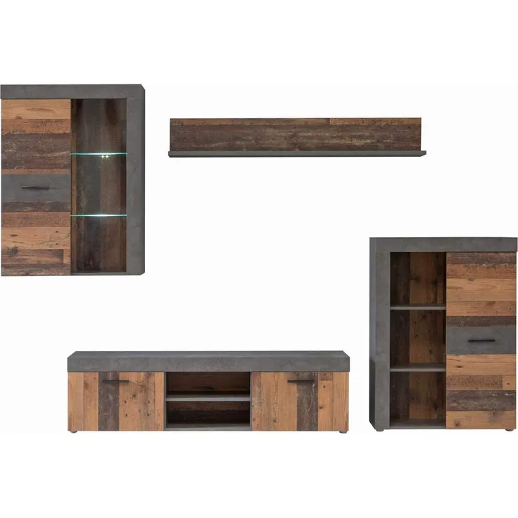 Forte 'Grigor' Wohnwand inkl. Beleuchtung, Oldwood Vintage/Betongrau