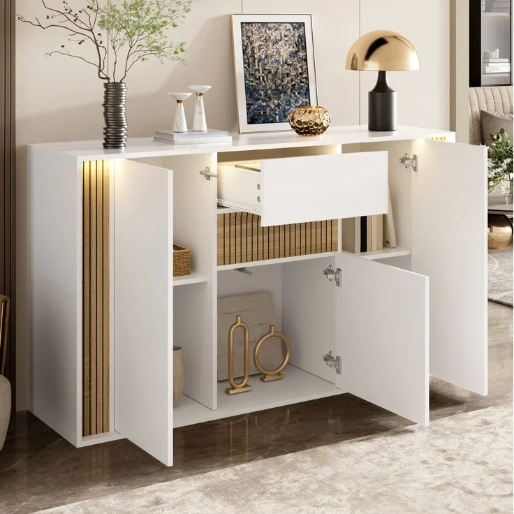 DESVIAE Sideboard Natur/Weiß aus Spanplatte – 140x82x40 cm – 3 Türen, Schublade, LED-Beleuchtung – Bild 5