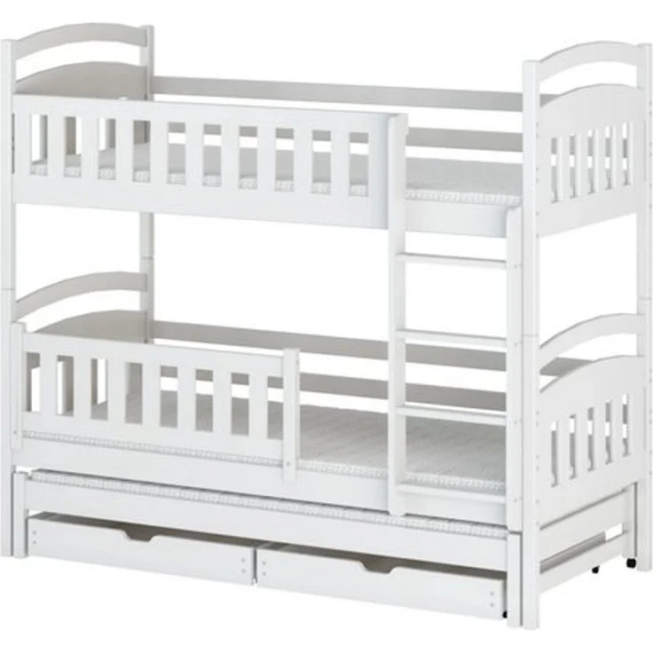Kids Collective Etagenbett Hochbett Kinderbett 90x200 cm mit Lattenrost und Rausfallschutz, mit Ausziehbett, zwei Schubladen und drei Matratzen, weiß – Bild 4