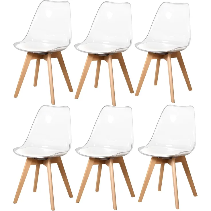 GrandCA HOME Esszimmerstuhl-Set mit 6 Stück, Transparentes Stuhl-Set mit 6 Stück, umweltfreundliches PP-Material/PU-Kissen（Weiß PU-Sitzkissen,6）