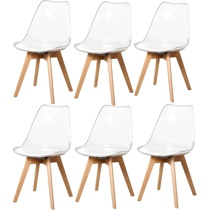 GrandCA HOME Esszimmerstuhl-Set mit 6 Stück, Transparentes Stuhl-Set mit 6 Stück, umweltfreundliches PP-Material/PU-Kissen（Weiß PU-Sitzkissen,6）