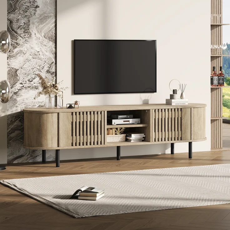 TV-Schrank Lowboard aus MDF mit durchbrochenem Holzdesign & 5 Beinen, für bis zu 65 Zoll, 160x40x47 cm, Naturholz – Bild 4