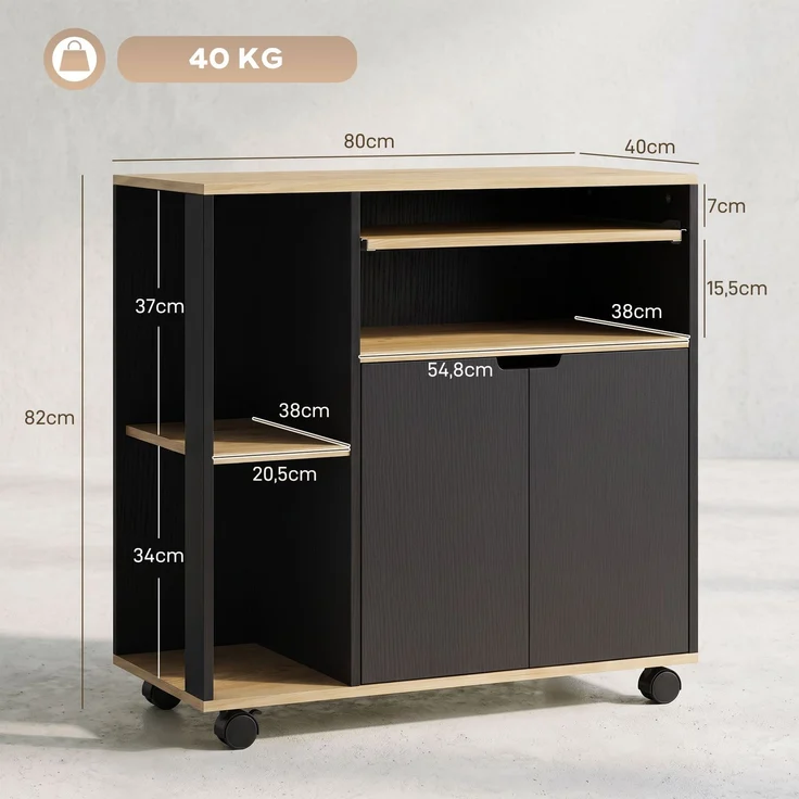 HOMCOM Küchenwagen, MDF, Schwarz, 80L x 40B x 82H cm – Bild 3