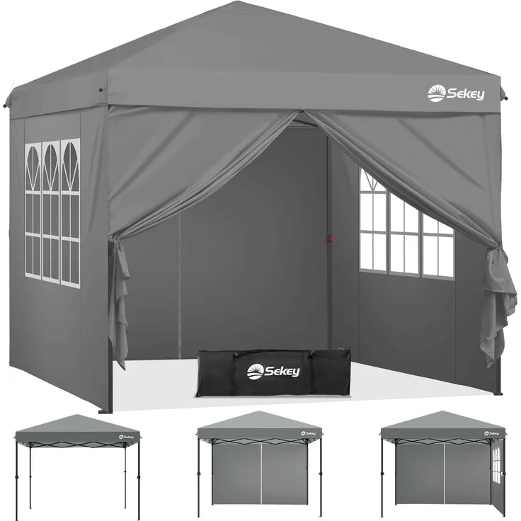Sekey Pop Up Pavillon 3x3 Wasserdicht Stabil, Faltpavillon 3x3 m mit Seitenwänden, Partyzelt Faltbar für Camping Party, Stufenlos Höheverstellbar 250 bis 270cm, Premium Serie 3x3, Grau