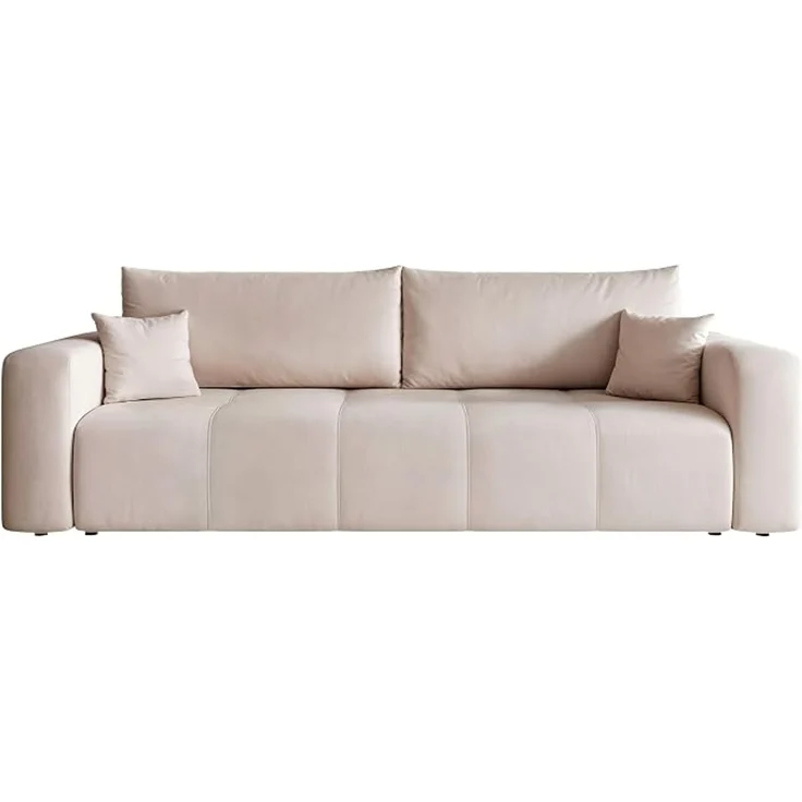 Ein Schlafsofa mit Schlaffunktion und Staufächern, gefertigt aus Massivholz und mitteldichter Faserplatte, mit Ziernähten auf der Sitzfläche. – Bild 1