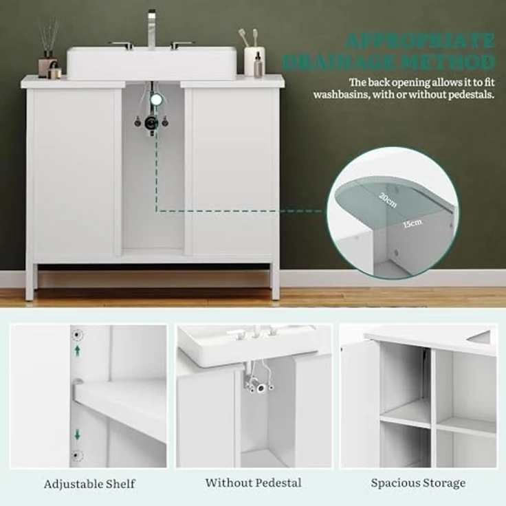 YITAHOME waschbeckenunterschrank mit Zwei geschlossene Schrankelemente, Bad unterschrank 70 cm breit, badezimmerschrank mit offenen Regalen, unterschrank waschbecken, Weiss – Bild 4