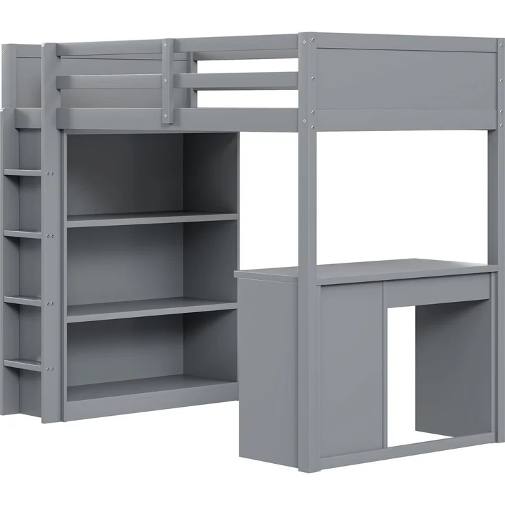Hochbett 90x200 cm mit Aufbewahrung und Schreibtisch – modulares Massivholz-Design,Grau,platzsparend – Bild 8