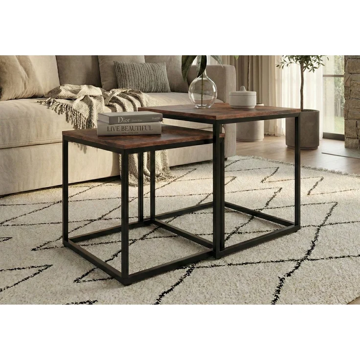 Home Collective Couchtisch Kleiner 2er Set aus Holz, Wohnzimmertisch Modern (Beistelltisch Set 2 in 1 mit Metallgestell, Büro Beistelltisch Loft Design TWIN, kratzfeste Oberfläche, Set 2 in 1), Quadratisch in Eiche dunkel, für Wohnzimmer – Bild 4