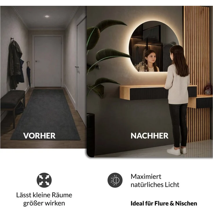 Planetmöbel Dekospiegel AUBE (Dimmbar mit Touch-Schalter, 100x50 cm, Dekorativer Wandspiegel mit Dimm-Funktion), LED Spiegel – Bild 2