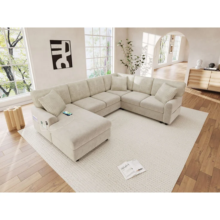 ZUBALIYA Modulare Wohnlandschaft, mit USB-C-Anschluss, H 83 × T 196 × B 249 cm, Beige, Chenille / Cord – Bild 14