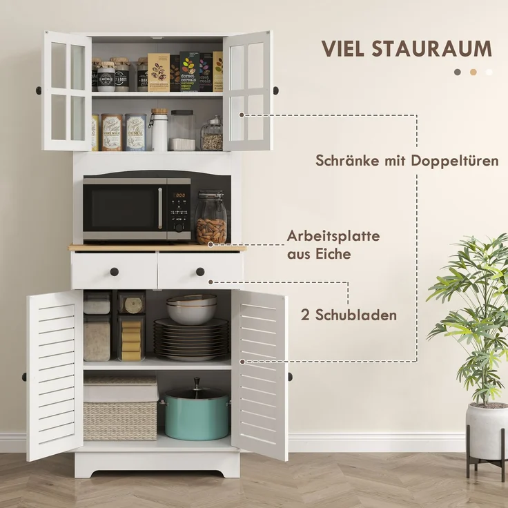 ZUBALIYA Küchenschrank (68 x 39,5 x 170 cm), 2 Schubladen, Lamellengestaltung, Verstellbare Einlegeböden, Weiß – Bild 4