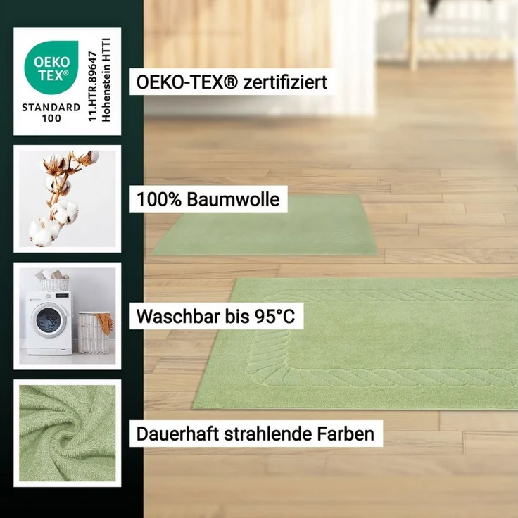 ZOLLNER 2er Set Badematten - weiche und saugstarke Duschvorleger - waschbar bis 95°C - Baumwolle - 50x70 cm in lindgrün – Bild 2