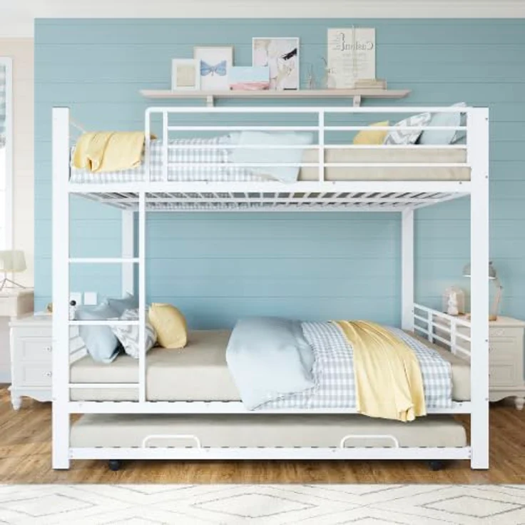 FAVSH Etagenbett 140x200 cm für 3 Personen aus Metall, Hochbett mit Rausfallschutz und Leiter, Geräuscharmes Doppelbett, rutschfest, für Jugendliche und Erwachsene, WG & Ferienwohnung, Weiß B – Bild 6