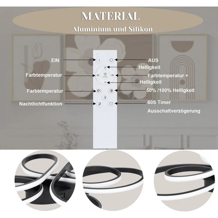 Nettlife LED Deckenleuchte Wohnzimmer Schwarz Dimmbar Modern 66/80/100CM Deckenlampe Warmweiß, Dimmbar mit Fernbedienung, LED fest integriert, Warmweiß Neutralweiß Kaltweiß, Nachtlichts – Bild 3