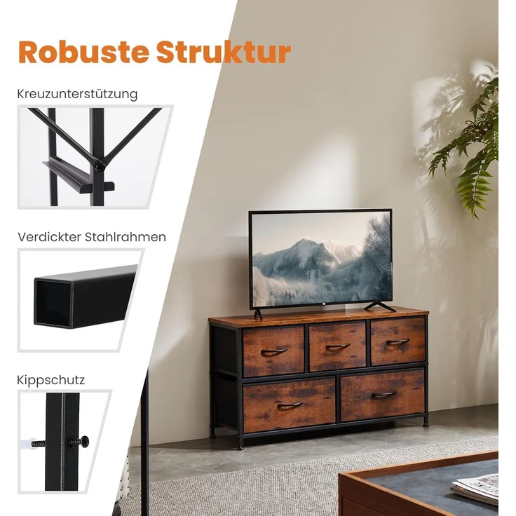 Sweetcrispy Kommode,Sideboard Wohnzimmer für Schlafzimmer mit 5 Stoffschubladen,Einstellbare Füße Schubladenschrank,Komodenschrank für Schlafzimmer,Modernes Braun – Bild 6