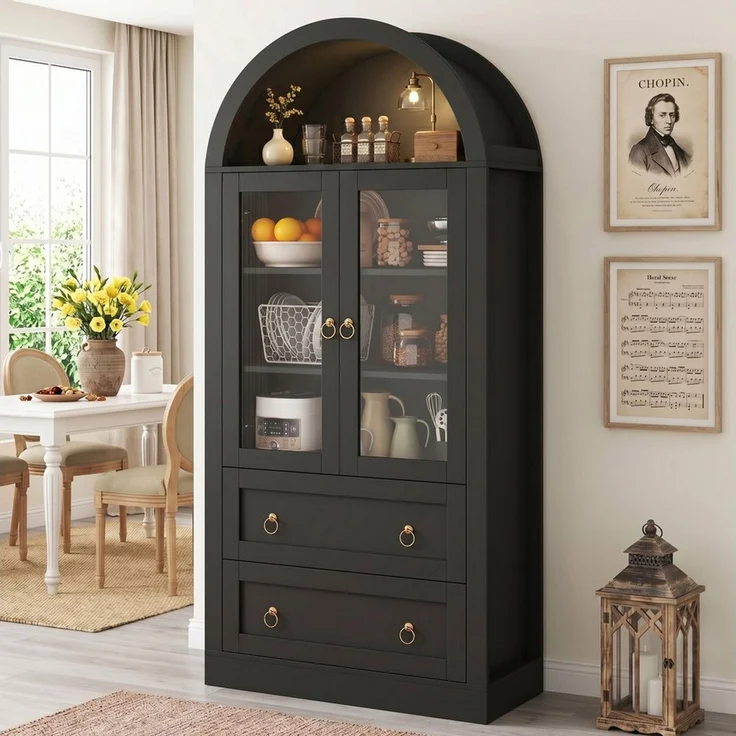 Flieks Hochschrank Bogen-Glasvitrine mit Schubladen, Doppeltüren und Retro-Metallgriffen (mit verstellbarer Einlegeböden, 1-St, 80x36x170 cm) Mehrzweckschrank Küchenbuffet Wohnzimmerschrank Schwarz – Bild 2