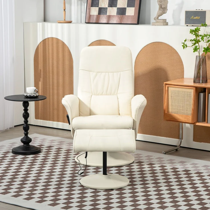 HOMCOM Relaxsessel mit Fußhocker, Kunstleder, Stahl, Cremeweiß, 76B x 81T x 105H cm – Bild 7