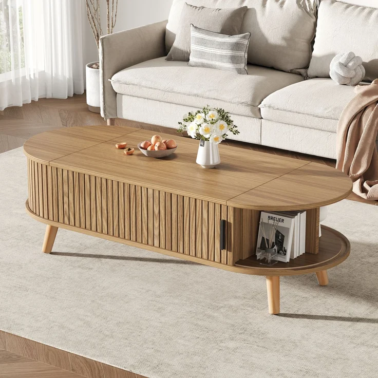 Couchtisch 120x50x39,5 cm höhenverstellbar mit verstecktem Stauraum aus MDF in Naturholzoptik – Bild 2