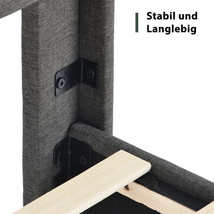 Polsterbett 90x200 cm mit Lattenrost und gepolstertem Kopfteil, Leinenbezug in Grau, zeitloses modernes Design, Jugendbett – Bild 7