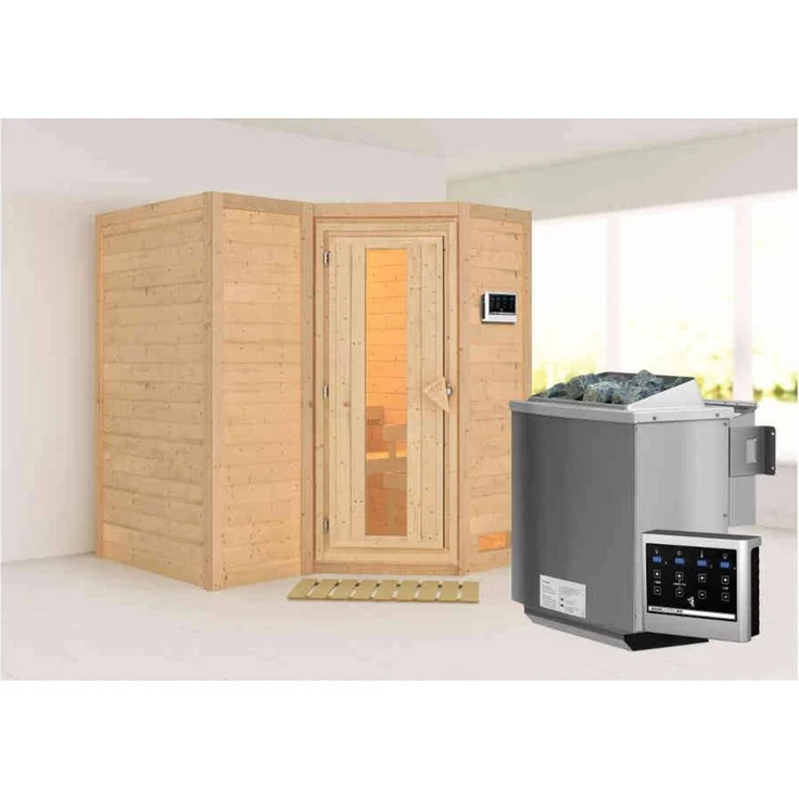 Karibu Sauna Sahib 1 + 9kW BIO-Kombiofen mit ext. Steuerung Easy Klarglas Ganzglastür – Bild 4